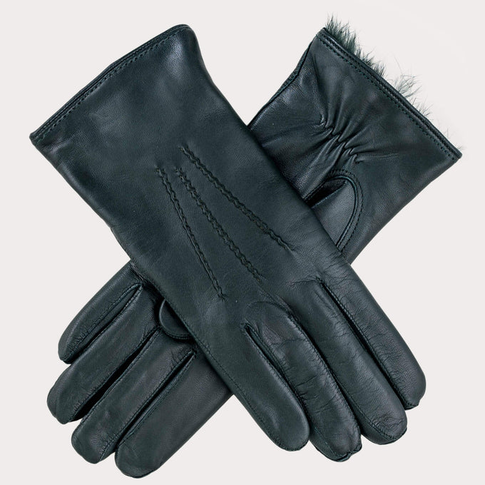 Ladies’ Hunter Green Rabbit Fur Lined Leather Gloves