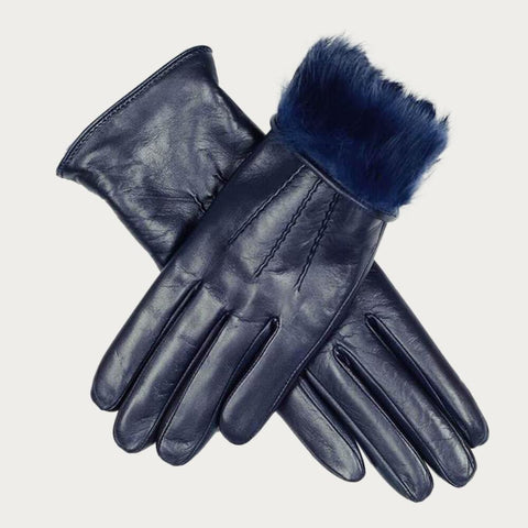 Ladies Navy Blue Rabbit Fur Lined Leather Gloves