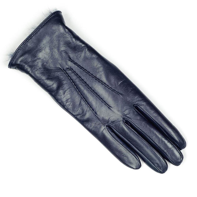 Ladies Navy Blue Rabbit Fur Lined Leather Gloves