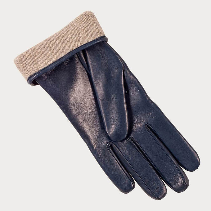 Navy Blue Quilted Cashmere Lined Leather Gloves