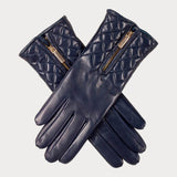 Navy Leather Quilted Gloves with Cashmere Lining