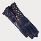 Navy Leather Quilted Gloves with Cashmere Lining