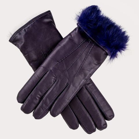 Ladies Purple Rabbit Fur Lined Leather Gloves