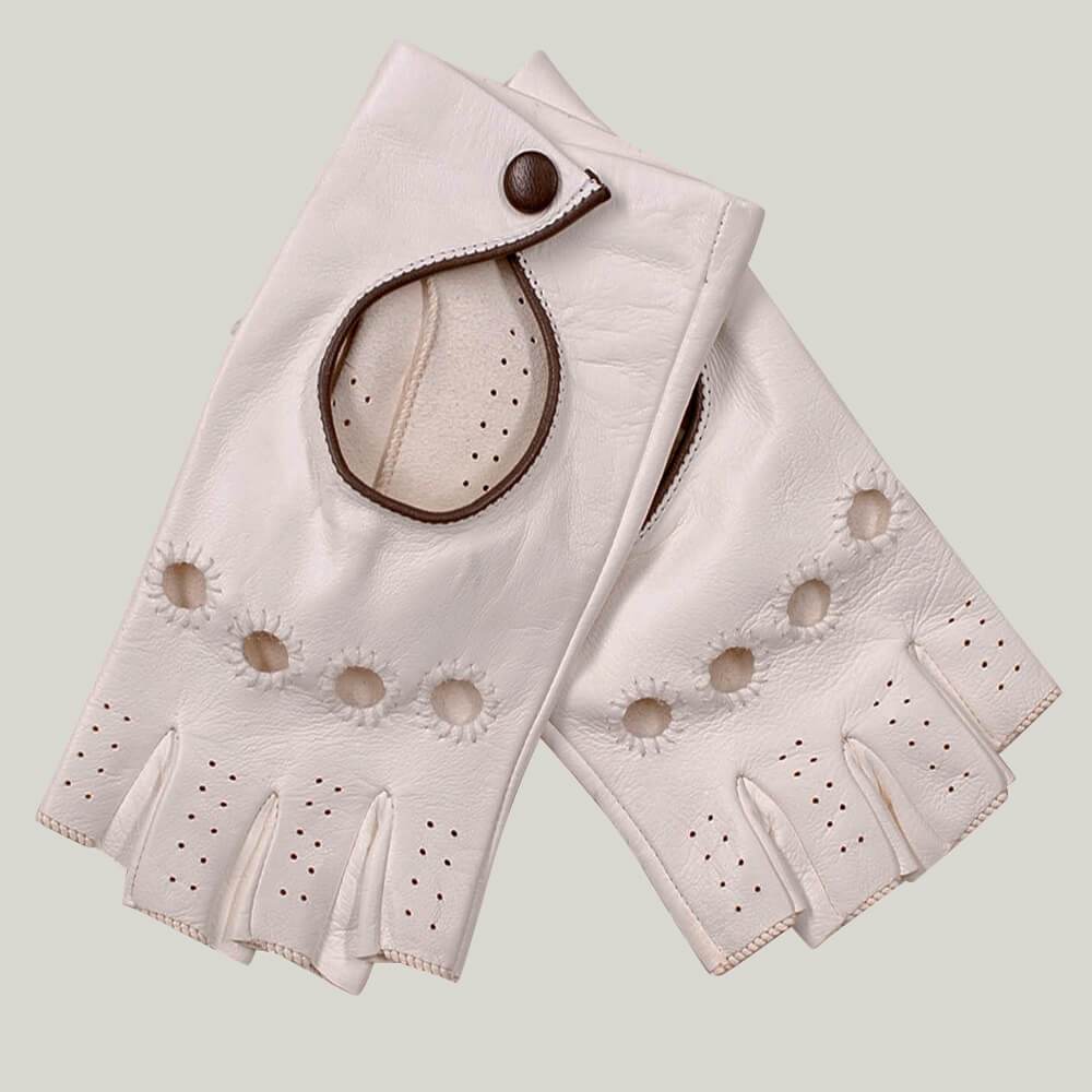 Ivory and Grey Fingerless Leather Driving Gloves –