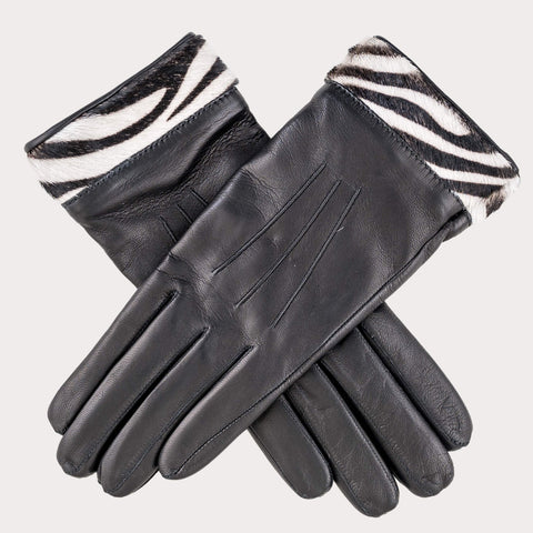 Ladies Zebra Cuff Black Cashmere Lined Leather Gloves