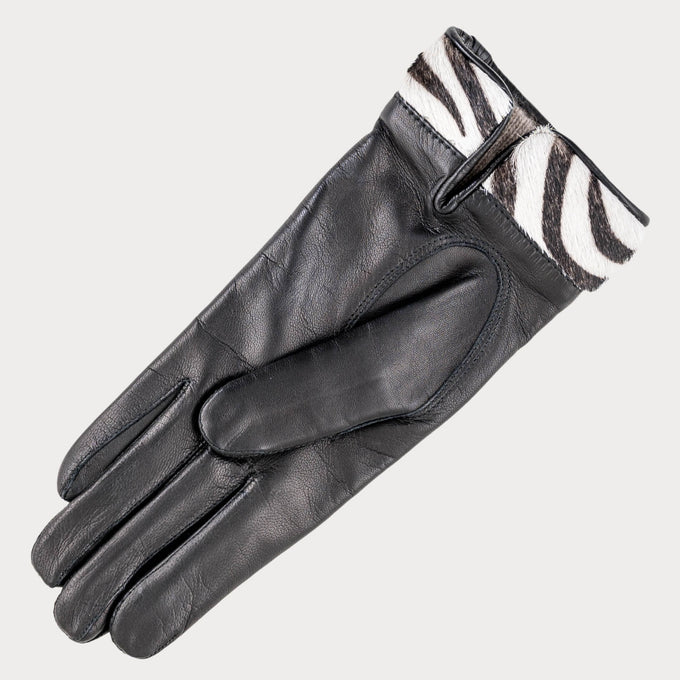 Ladies Zebra Cuff Black Cashmere Lined Leather Gloves