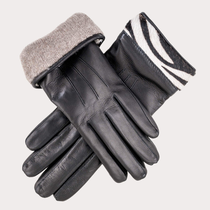 Ladies Zebra Cuff Black Cashmere Lined Leather Gloves